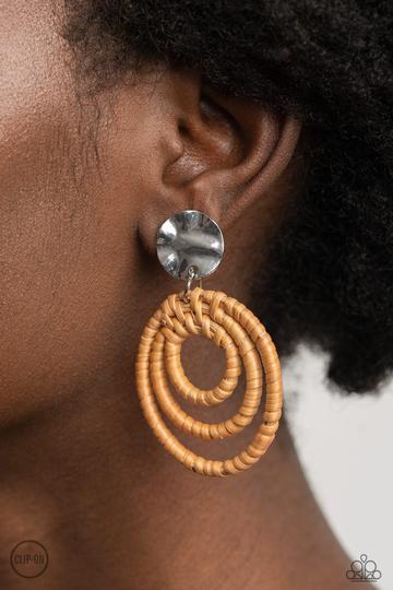 Whimsically Wicker Brown Clip-On Earring